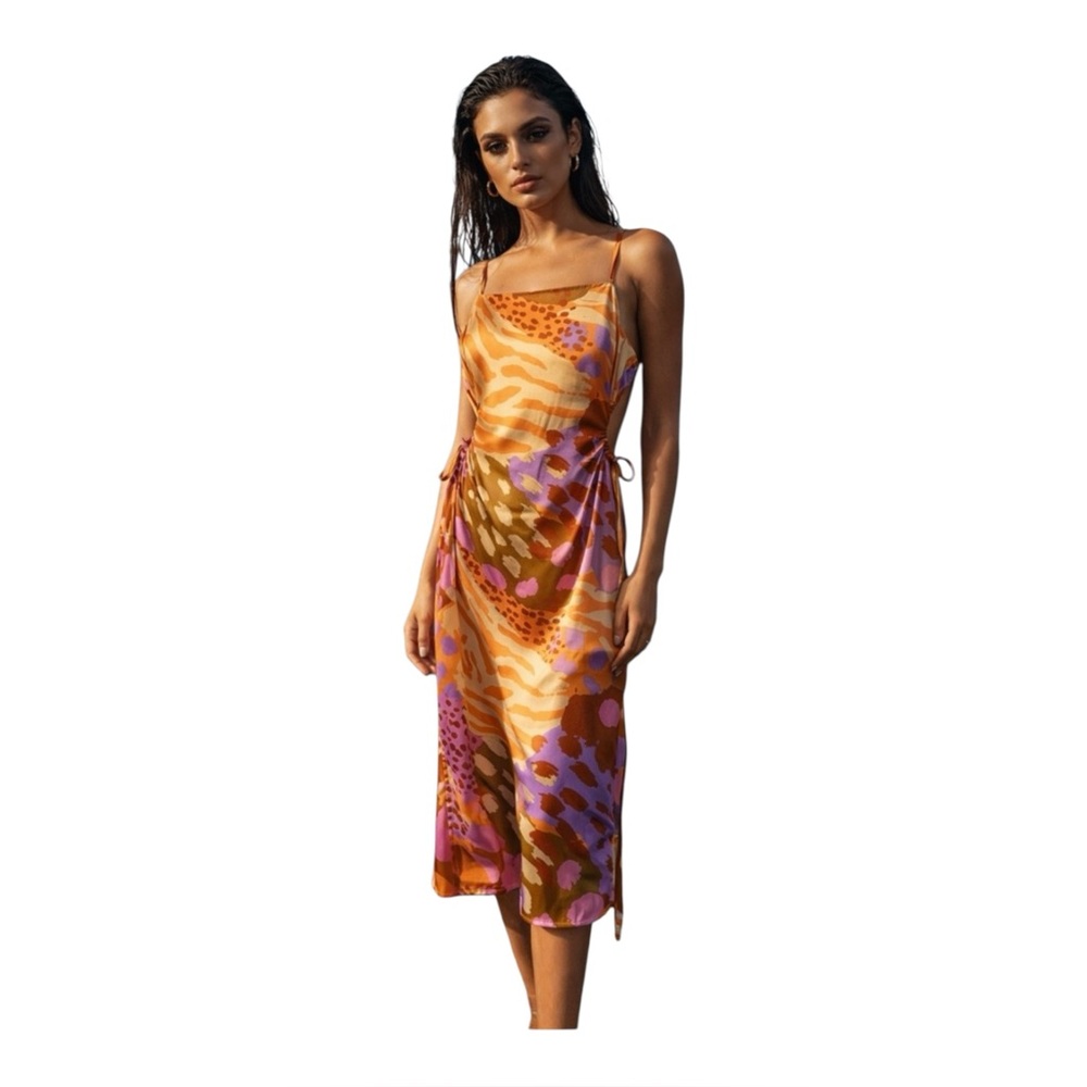 Christian Lacroix Printed Satin Side Cut Outs Resortwear Dress